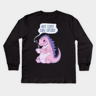 Pink Dinosaur Coffee Lover - Coffee First, Then I Destroy Kids Long Sleeve T-Shirt